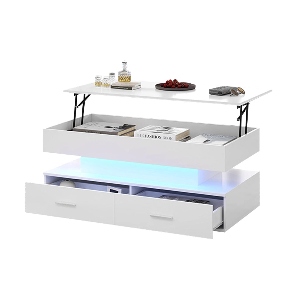 Tavolino da caffè sollevabile 100x50x44 cm bianco con LED; 2 cassetti e vano a vista