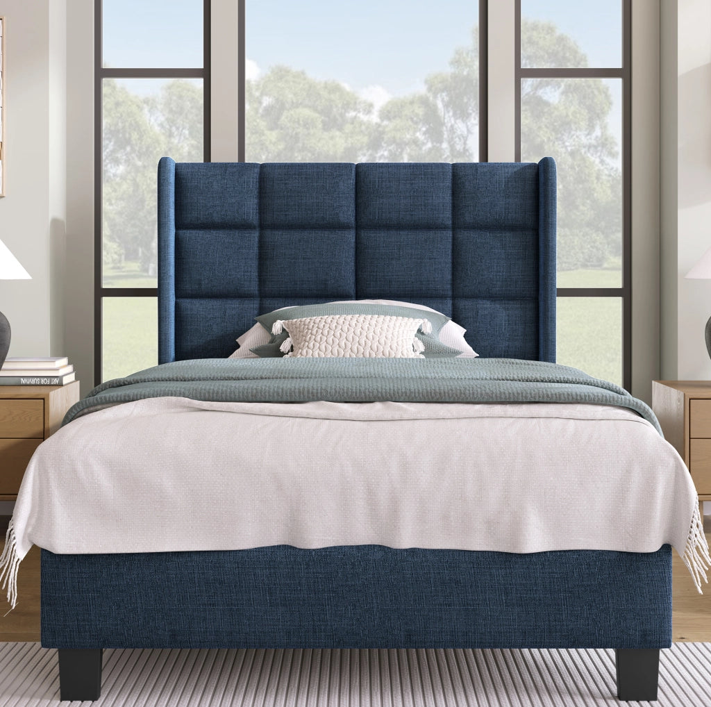 Letto imbottito singolo 90x200 cm blu in lino con rete a doghe