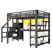 Letto a Soppalco 140x200 cm; Letto Matrimoniale - Scrivania; Armadio; LED - Metallo - Nero
