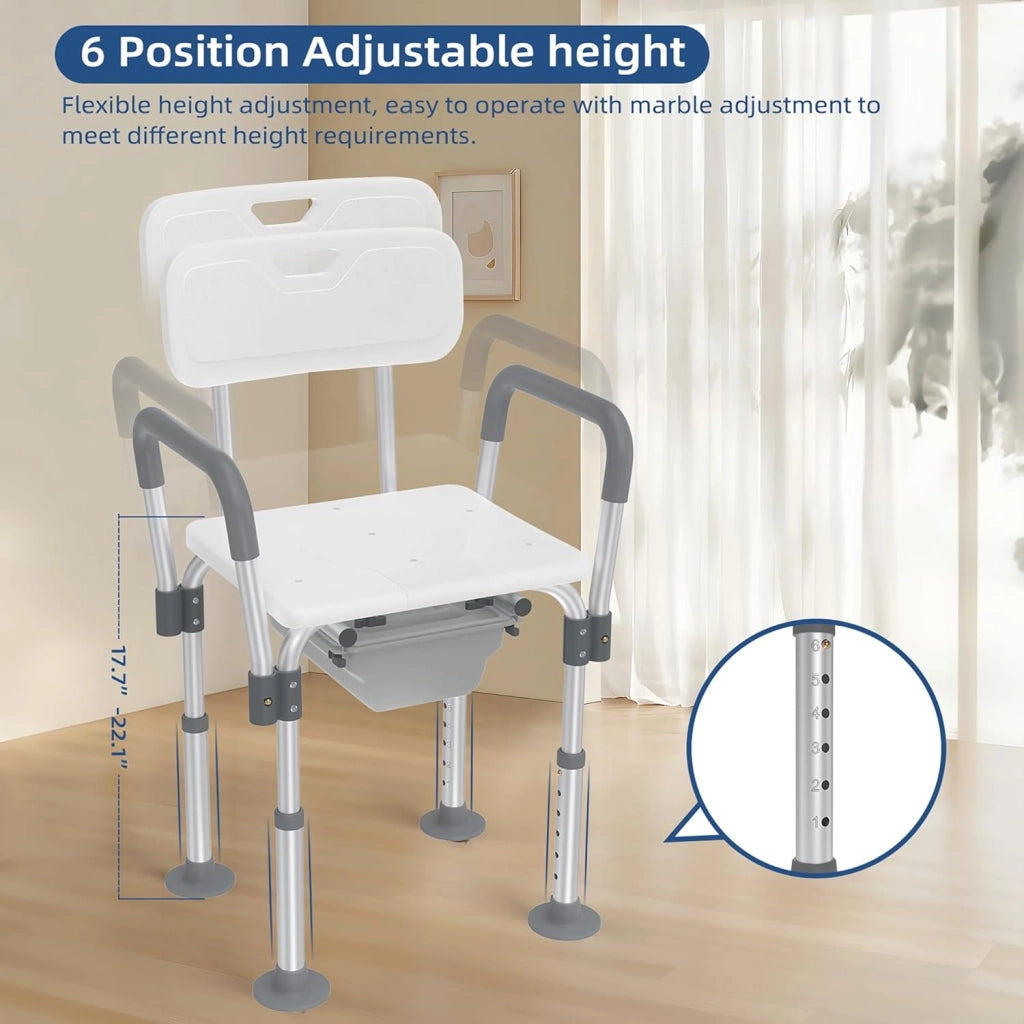 Sedia WC da doccia regolabile in altezza 2 in 1, sgabello da bagno con secchio, braccioli e schienale, per adulti e anziani
