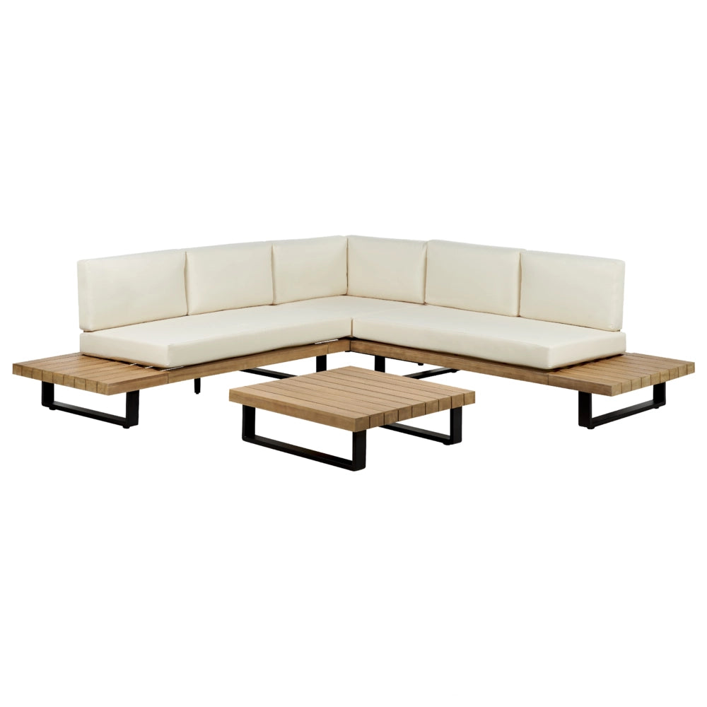 Divano ad Angolo Set da Giardino Bianco Crema e Legno Chiaro Seduta Bassa a 5 Posti con Tavolino