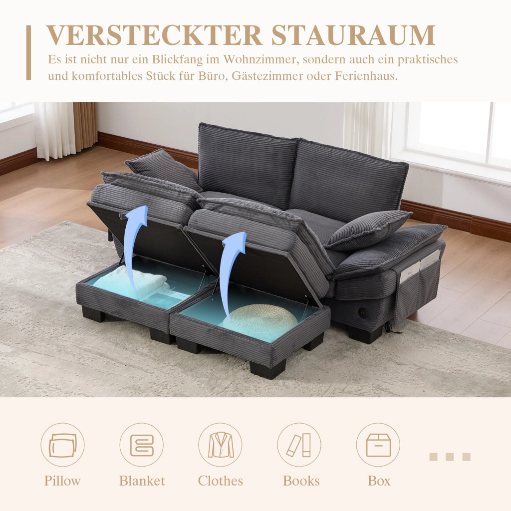 Divano modulare 2 posti con 2 pouf, USB-C e tasche laterali, in velluto a coste, Grigio scuro