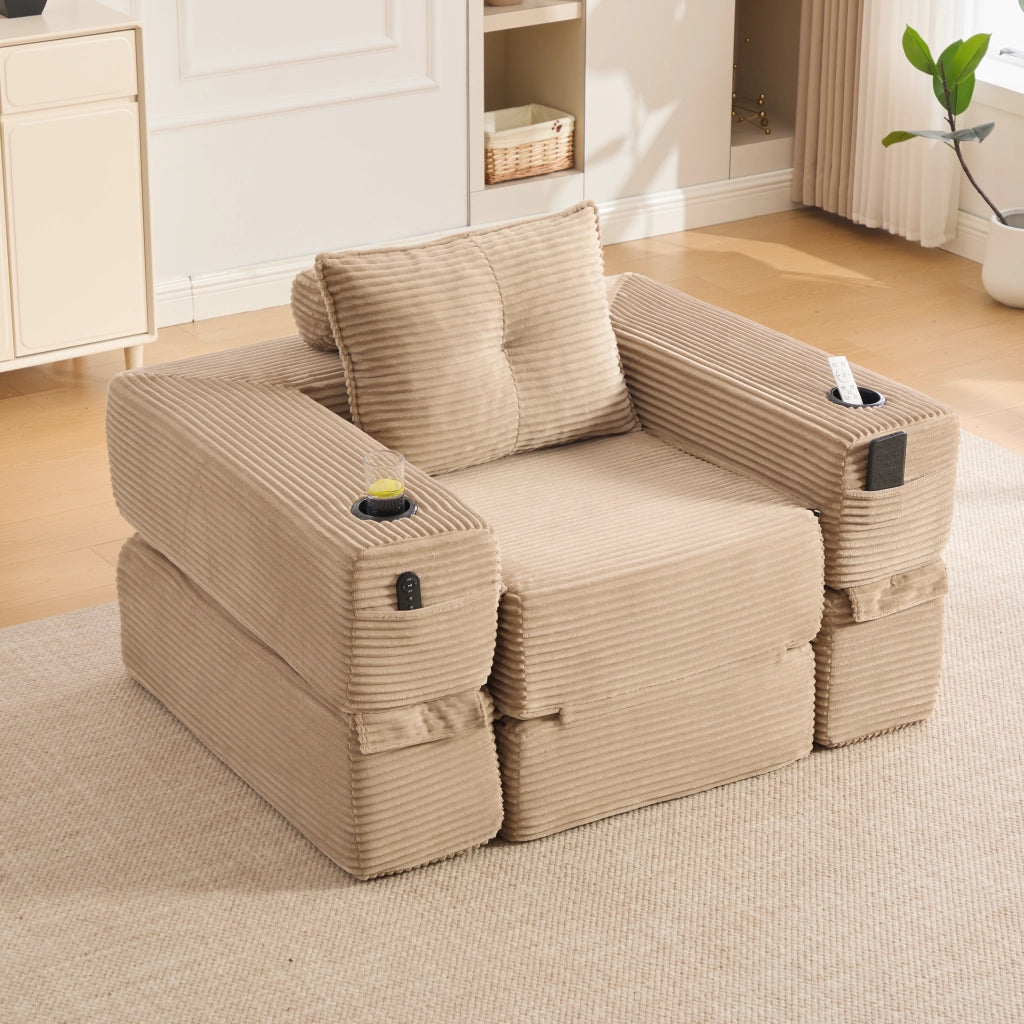 Divano letto - con tasche laterali e portabicchieri - in velluto a coste khaki