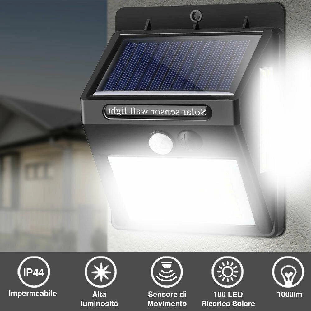 Trade Shop - Set 2pz Lampada Faro Led Solare Faretto Sensore Movimento Luce Esterno Giardino -