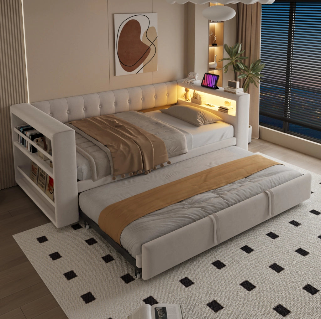 Divano letto multifunzionale 90/180x190 cm in flanella beige con LED; prese e contenitore