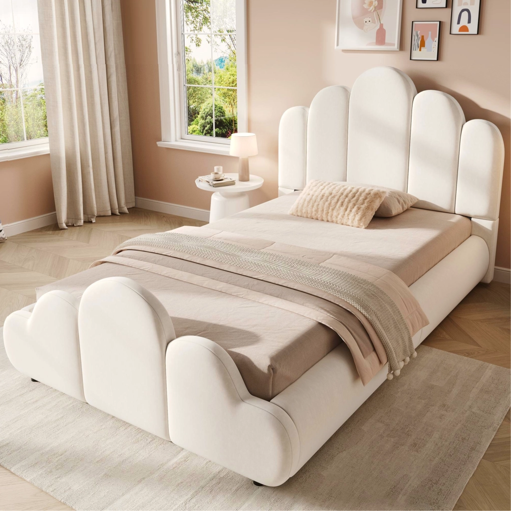 Letto singolo imbottito per bambini 90x200 cm con testiera in velluto beige e angoli arrotondati