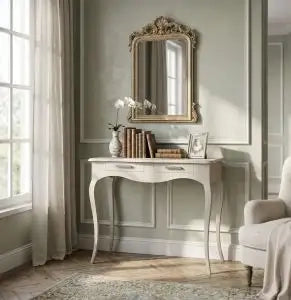 Consolle in legno Shabby chic bianco opaco con maniglie swarovski