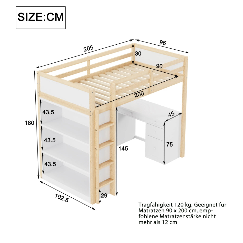 Letto a Soppalco con Contenitore e Scrivania ¨C MINIMAL ¨C Legno, 90x200