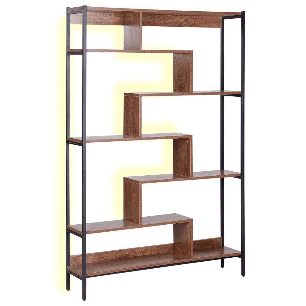 Libreria a 6 ripiani con struttura in metallo nero  legno scuro con luci LED con retro aperto stile industriale