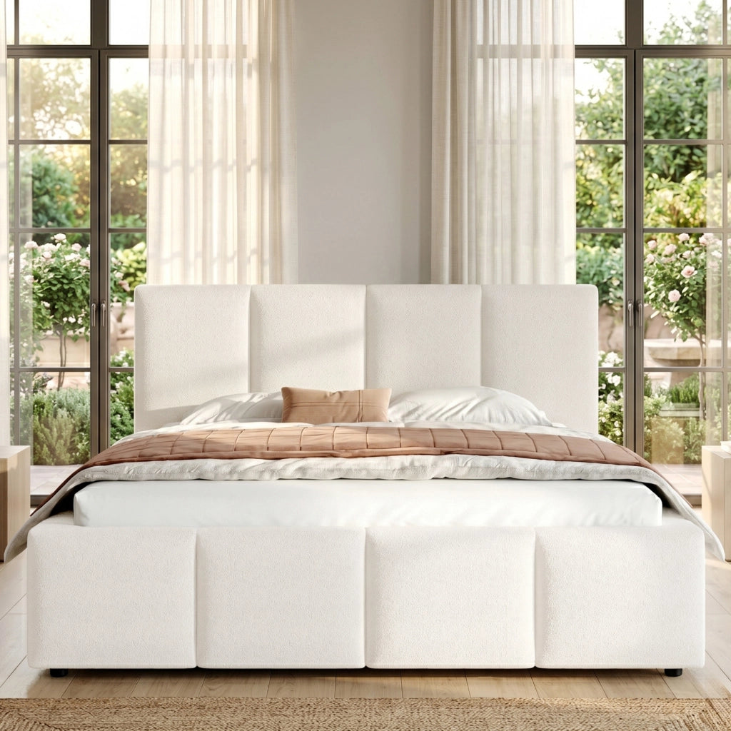 Letto imbottito 180x200 cm con rete e testiera imbottita in bouclé beige