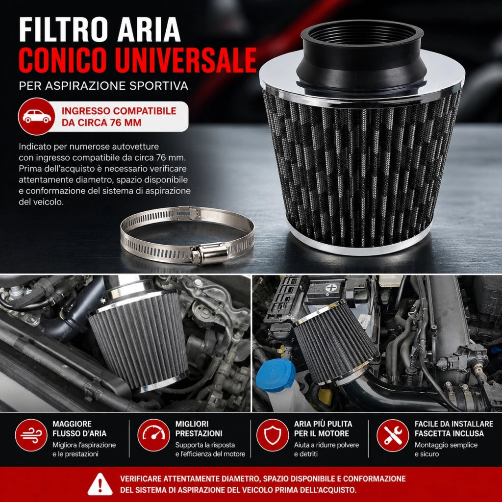Filtro Aria Conico Auto 76 mm Alto Flusso Universale SY-LQQ0103