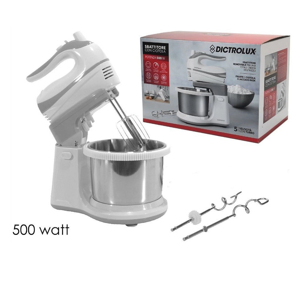 Trade Shop - Sbattitore Con Ciotola 2.5lt In Acciaio Girevole 5 Velocità + Turbo 500w 585606 -