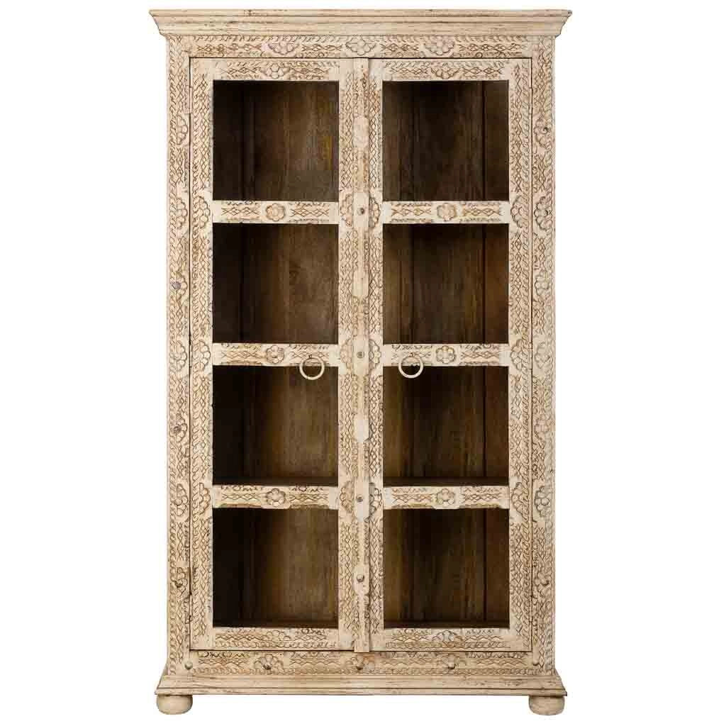 Vetrina in legno intagliato beige fatta a mano, 106x43x180h cm