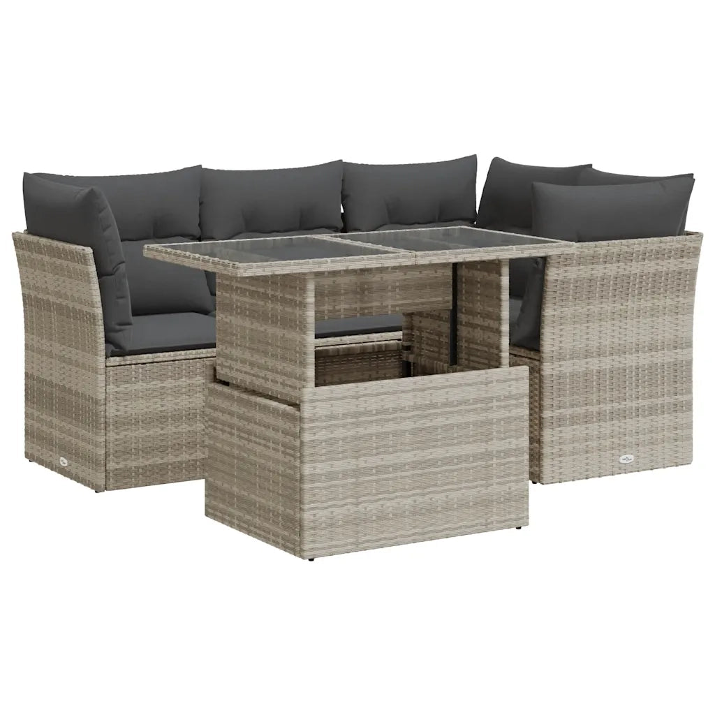 Set Divano da Giardino 5pz con Cuscini Grigio Chiaro Polyrattan