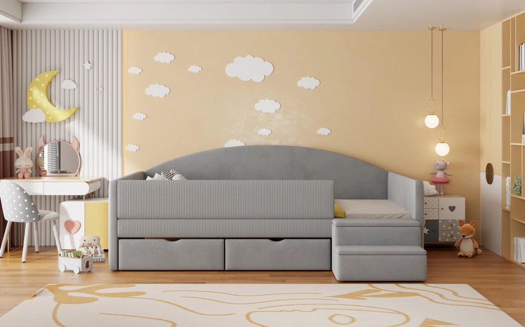 Letto imbottito con cassetti e gradini 90 x 190 cm grigio acqua