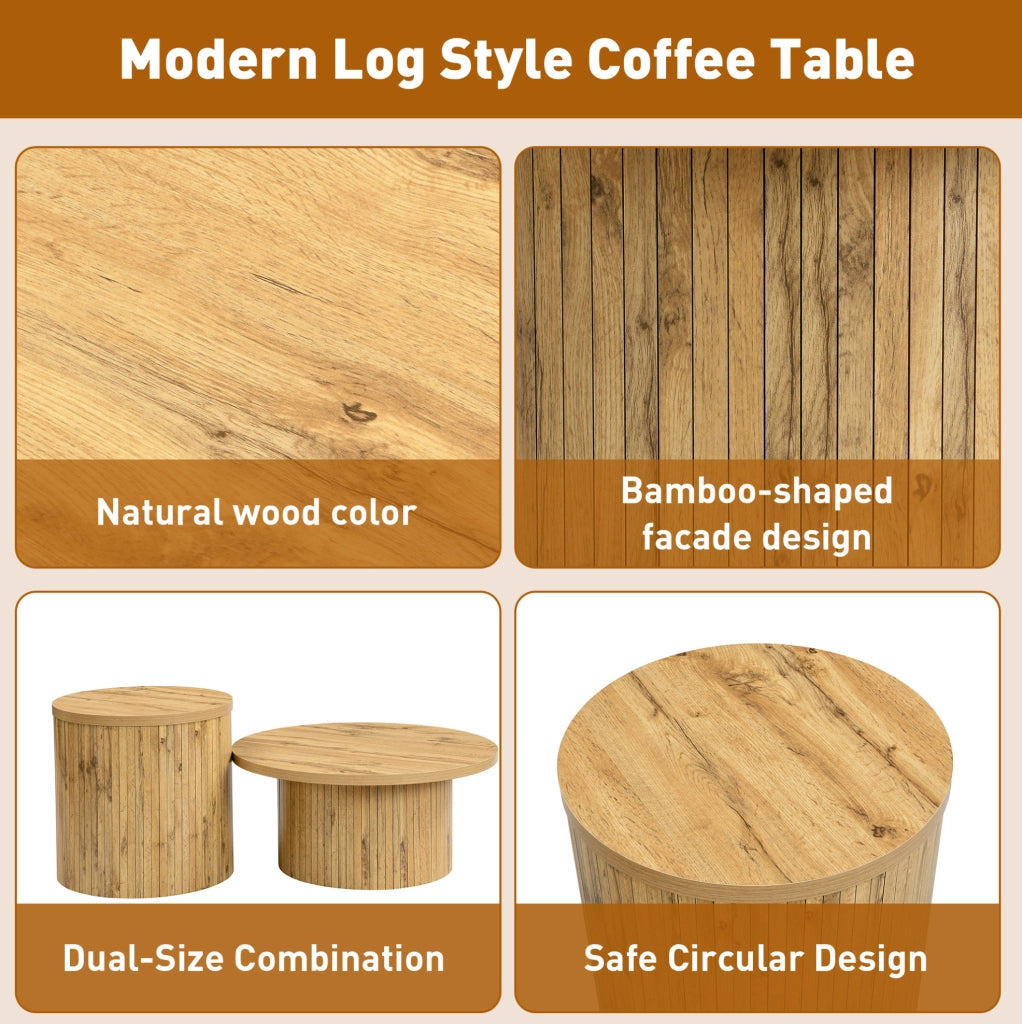 Set tavolini da salotto rotondi in MDF effetto legno naturale; 75x75x36 cm e 50x50x50;5 cm