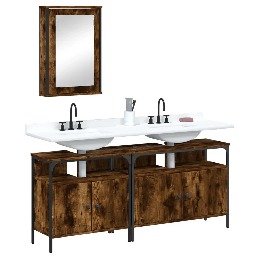 Set Mobili da Bagno | Armadio da bagno 3 pz Rovere Fumo in Legno Multistrato