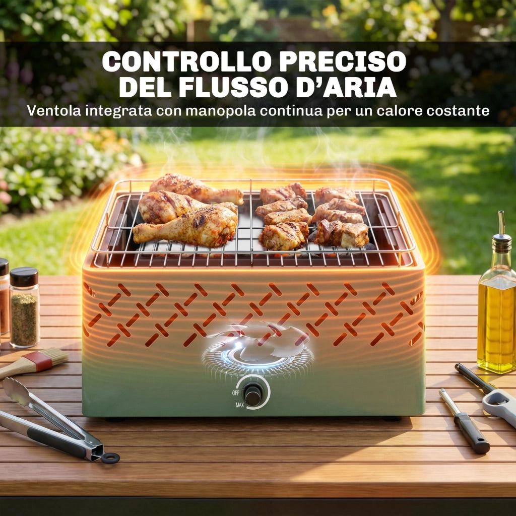 Barbecue Portatile a Carbone 45,5x29x21 cm con Ventilazione Integrata per Esterni in Metallo Verde Chiaro