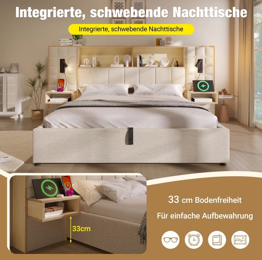 Letto contenitore 160x200 beige con LED, USB-C e comodini