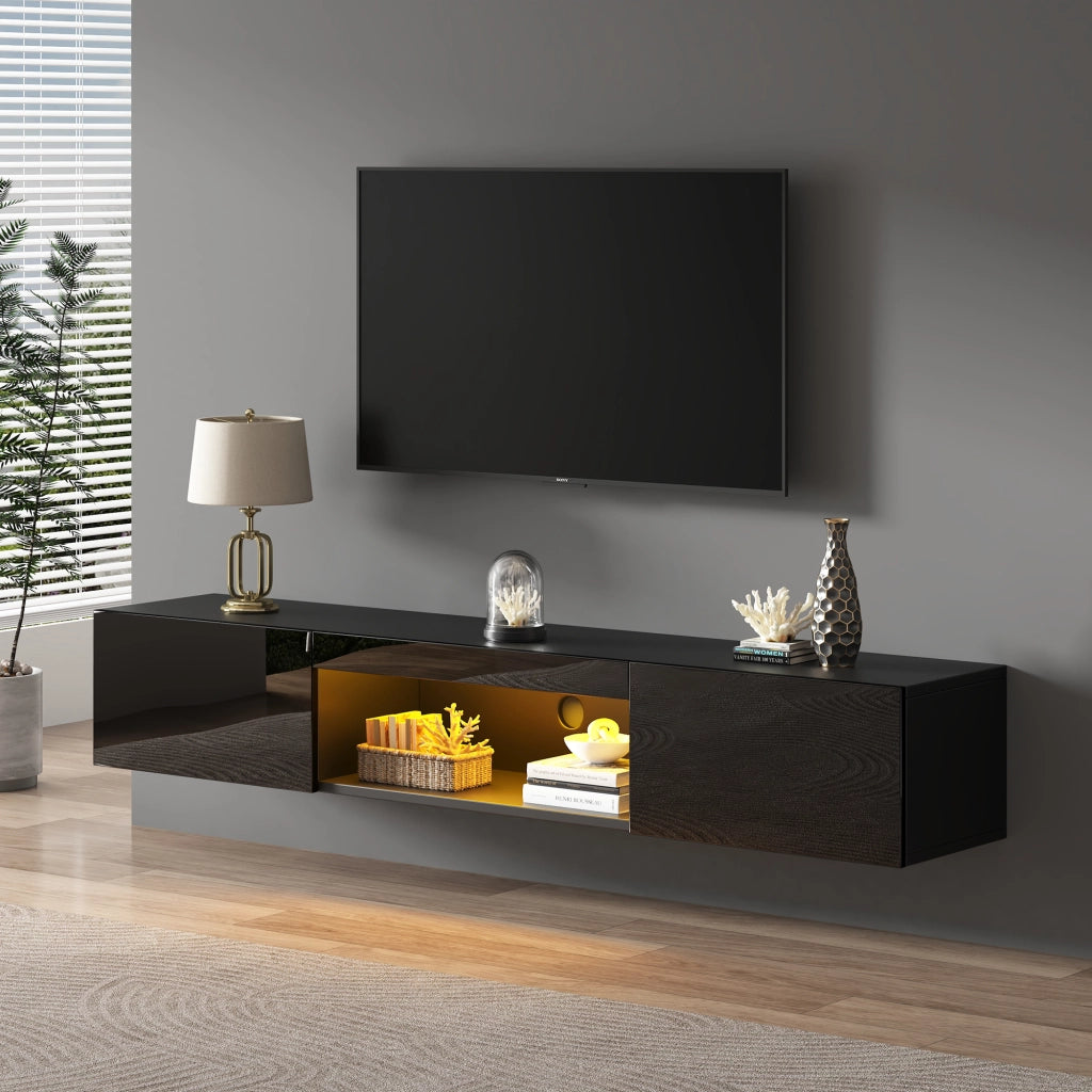 Mobile TV sospeso 160 x 31 x 22 cm con LED; 2 ante e finitura nera lucida