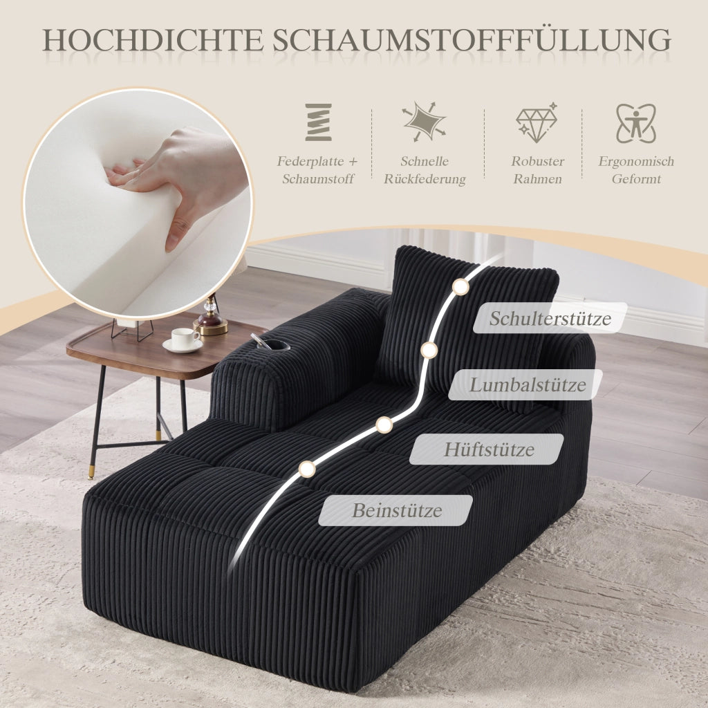 Fauteuil relax in corduroy con tasche laterali e portabicchieri, schiuma ad alta densità nero 158 × 93 × 61 cm