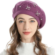 Cappello caldo per donne - Classico cappello francese - Foderato con fiori ricamati - Miscela acrilico/polyester - Unico modello - Cappello