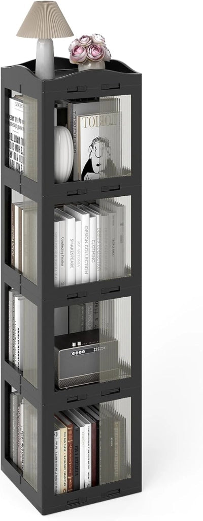 Libreria girevole a 360°, scaffale angolare girevole a 4 livelli, con pannelli traslucidi, montaggio semplice, per piccoli spazi, ufficio, camera da letto e soggiorno (nero, 4 livelli)