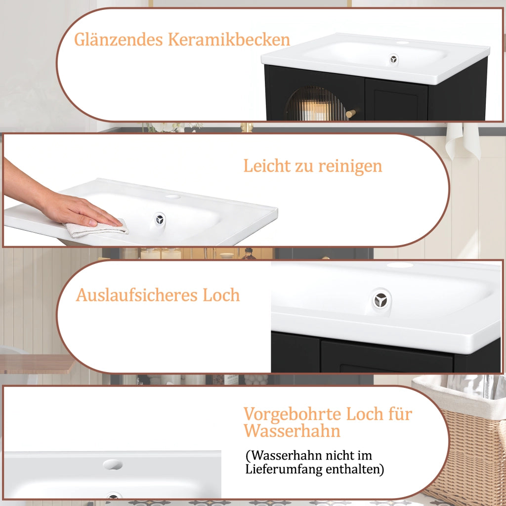 Mobile sottolavabo da bagno a parete con lavabo in ceramica LED anta in vetro rigato e chiusura soft close nero