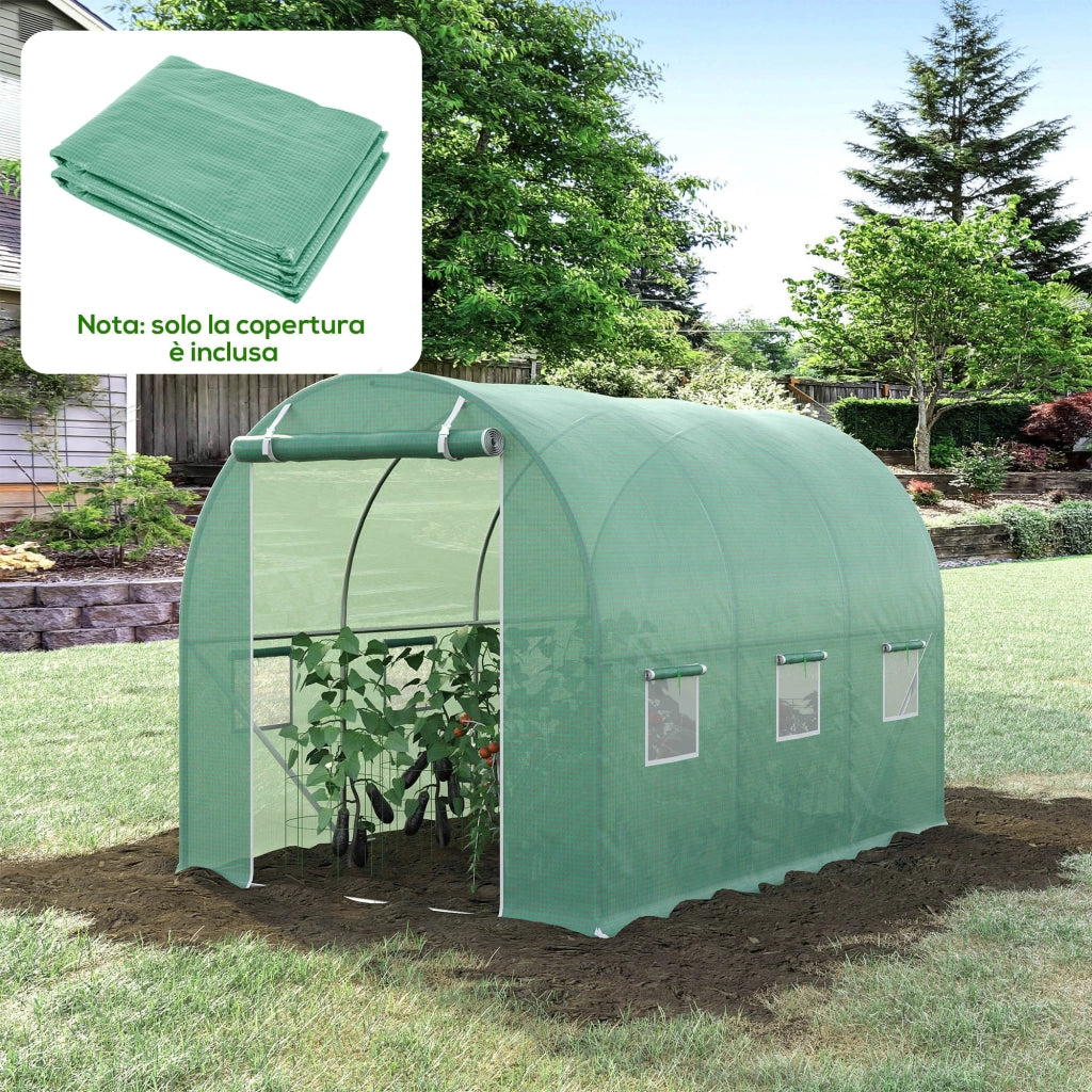 Telo per Serra in PE con 6 Finestre, Porta Avvolgibile e Bordi Interrati, 3x2x2 m, Verde