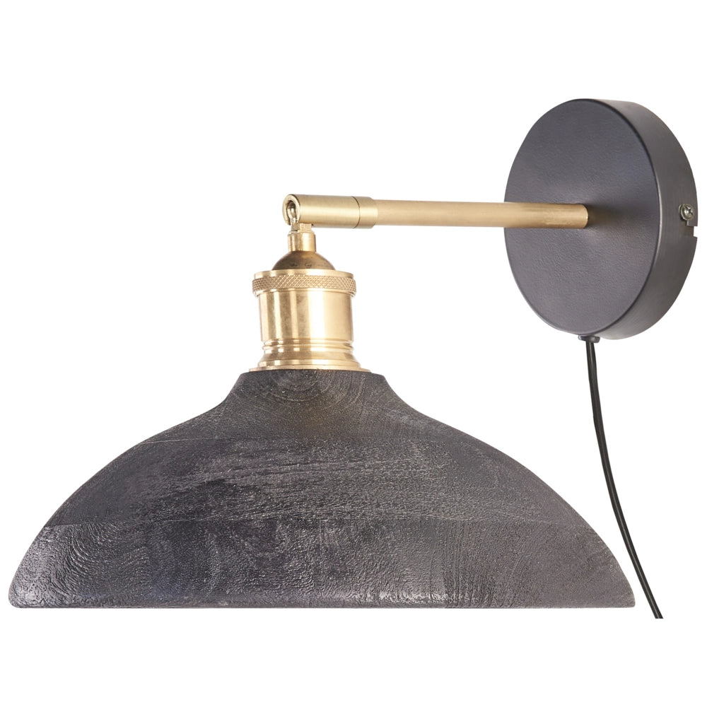 Lampada da parete nera e ottone con paralume a cono in legno di mango Camera da letto Soggiorno Design moderno e rustico Luce a sospensione