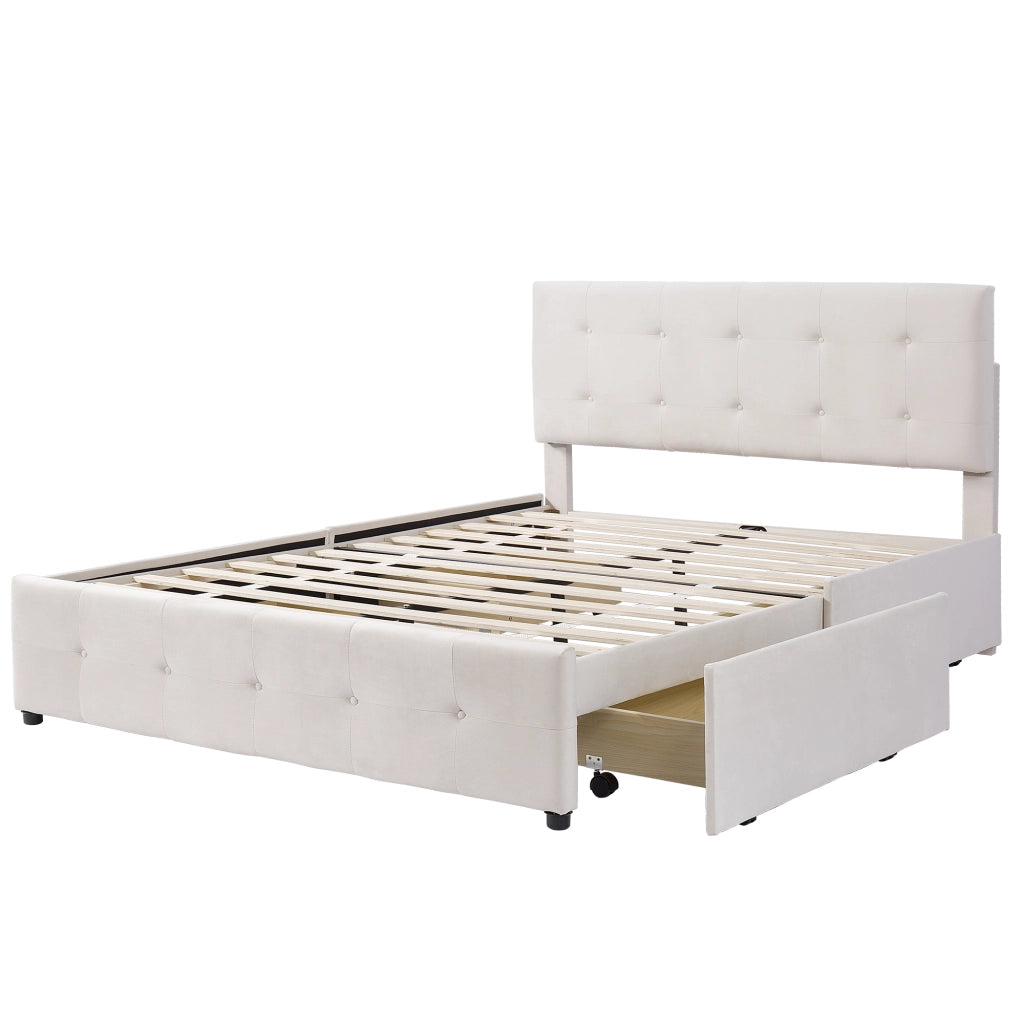 OKWISH Letto con Cassetti 140×200 cm, Letto Matrimoniale con 4 Cassetti e Testiera Imbottita, senza Materasso, Beige