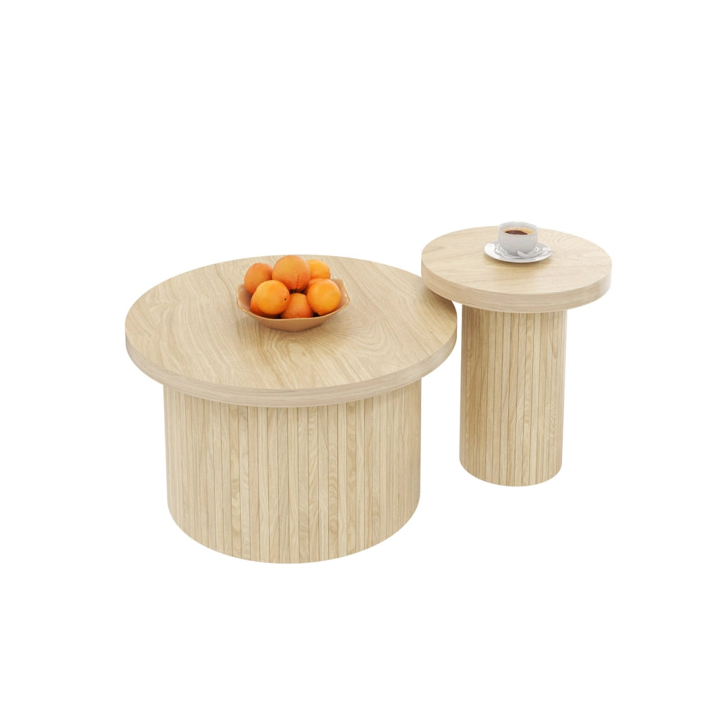 Set di tavolini rotondi moderni in MDF effetto legno naturale; 66 cm e 40 cm