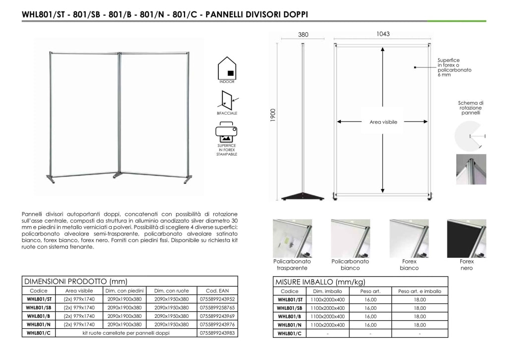 Pannello divisorio doppio in Policarbonato 209 x 190 - Bianco Satinato