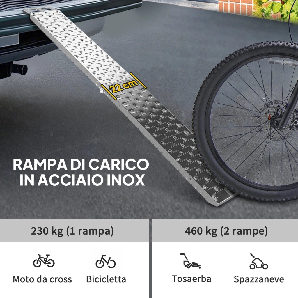 Rampa di Carico Pieghevole e Antiscivolo per Moto con Cinghia di Sicurezza in Acciaio Argento