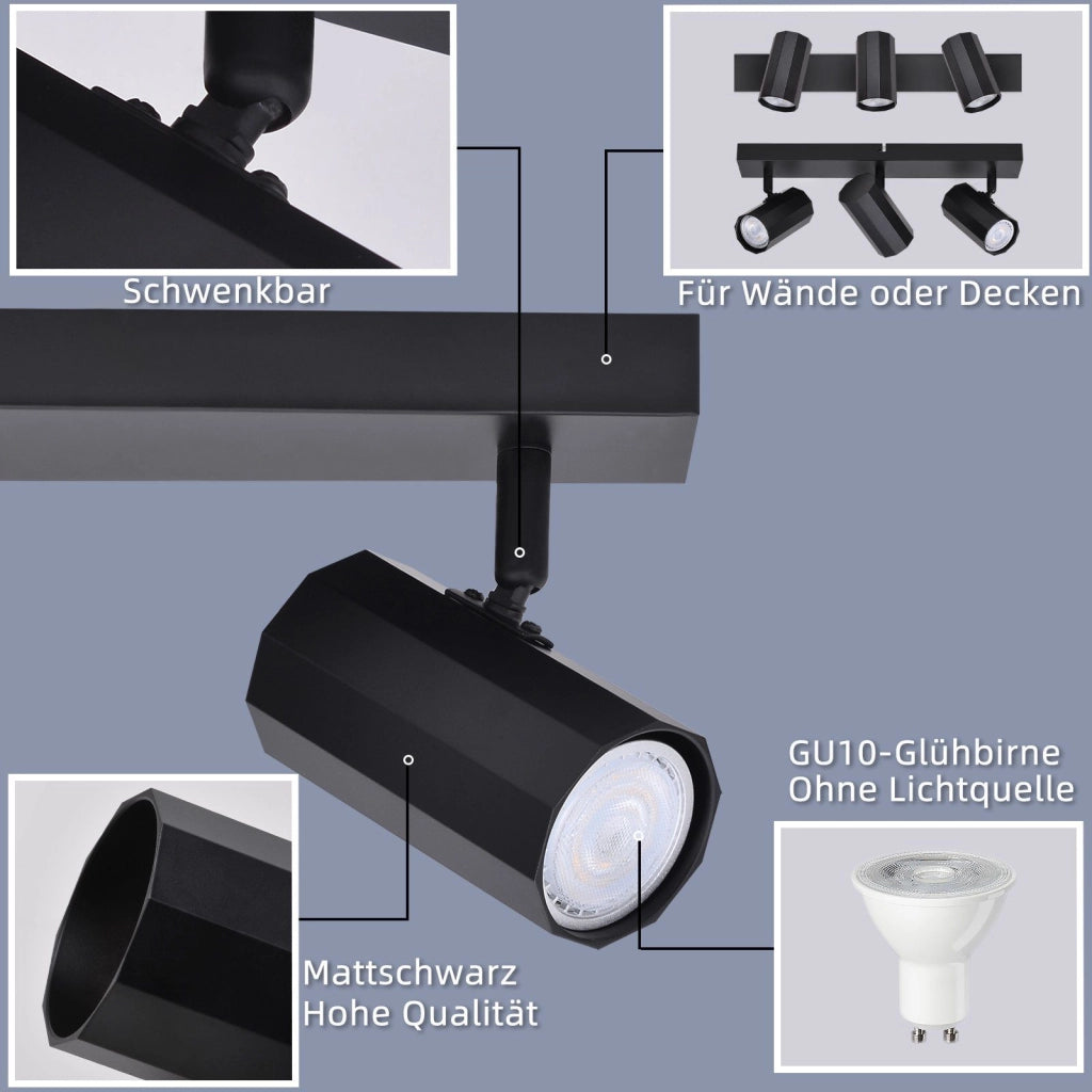 ZMH Faretto da soffitto metallici neri 3 luci GU10 max 25W retro girevoli 350° per salotto cucine sale pranzo