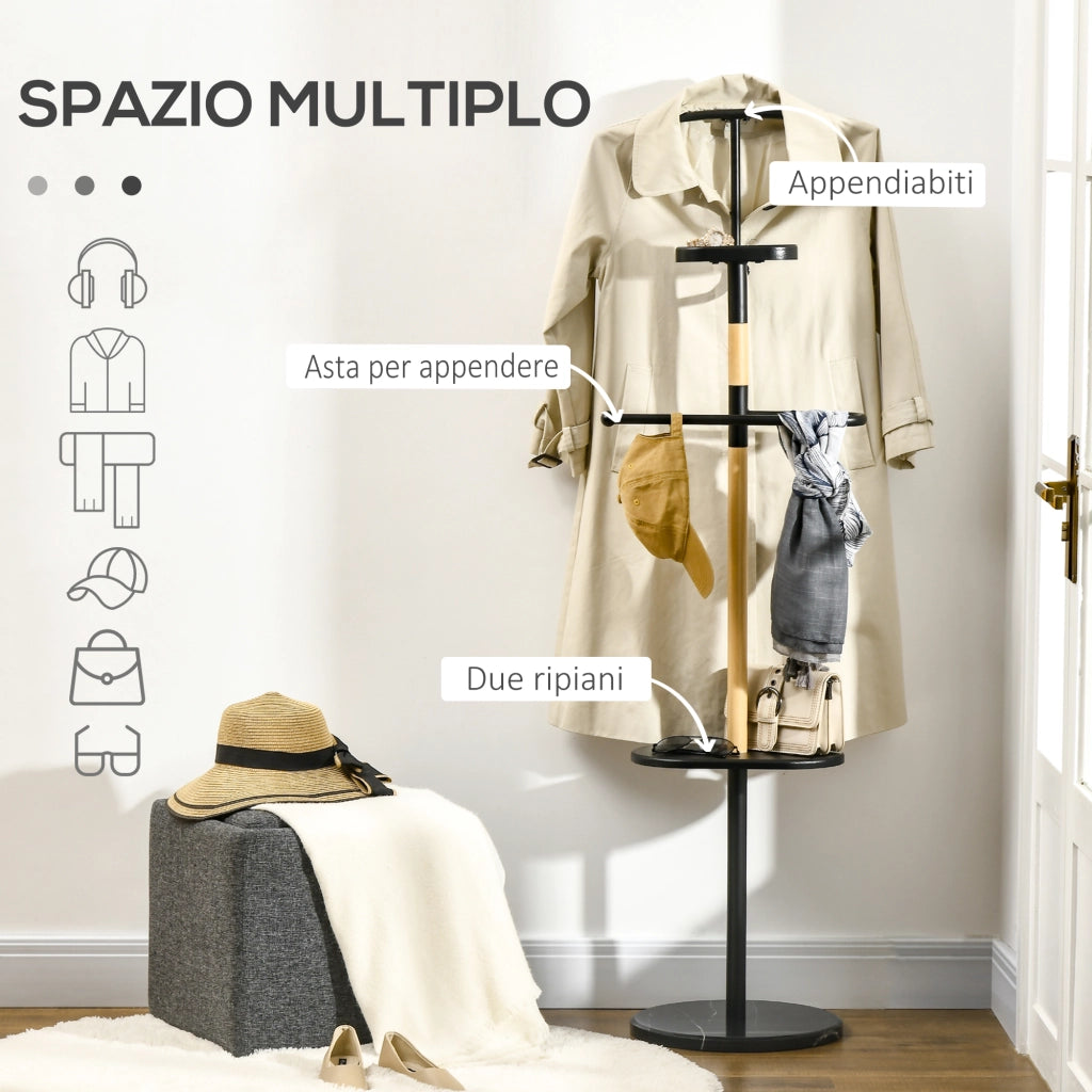 Easycomfort Appendiabiti da Terra in Legno e Acciaio con Mensole e Gruccia per Abiti, 46x35x152cm, Nero