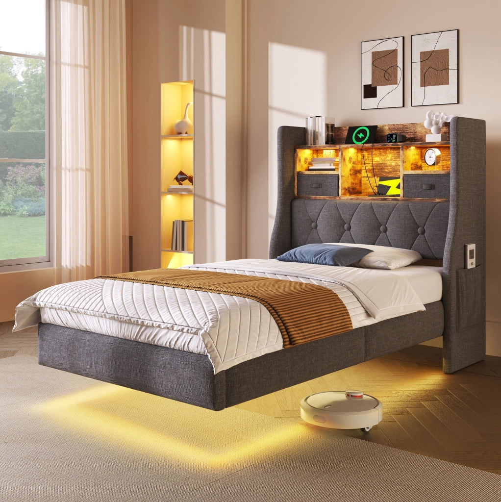 Letto singolo imbottito 90x200 cm con LED, USB e vano testata