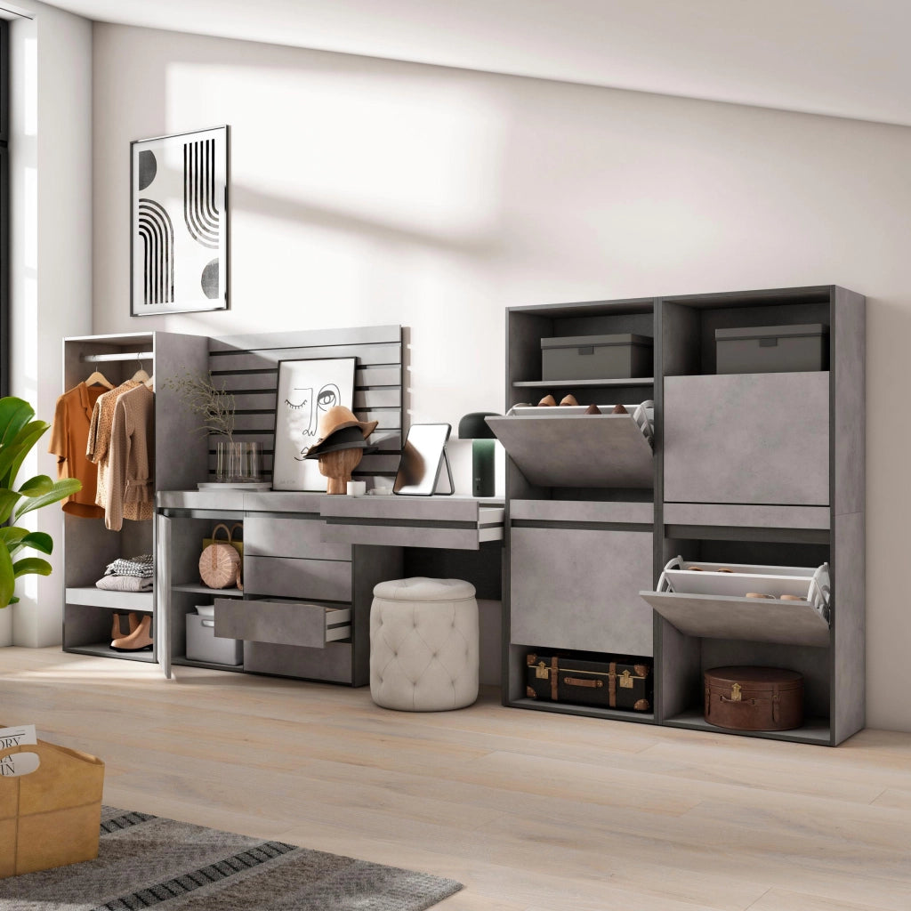 Scarpiera, 357x35x145cm, Camera da letto, Armadio Aperto, Cassettiera, Pannelli Decorativi, Tavolo da toeletta, grigio cemento RF3527