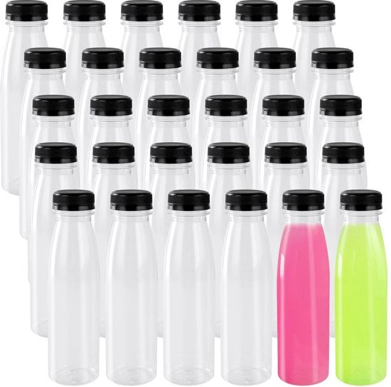 Set di flessi di smoothie 30 pezzi 300 ml - Flessi di smoothie vuoti - Flessi di smoothie trasparenti - Coperchi neri - Per bevande/succo - Flessi di bevande