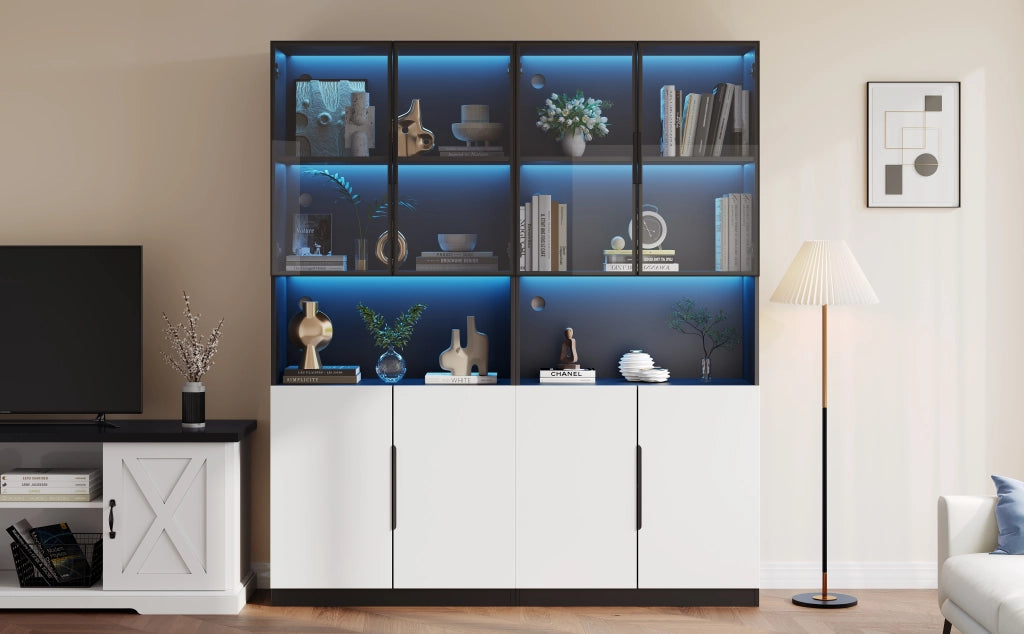 Vetrina moderna in bianco e nero con ante in vetro, LED regolabile, 160x30x200 cm