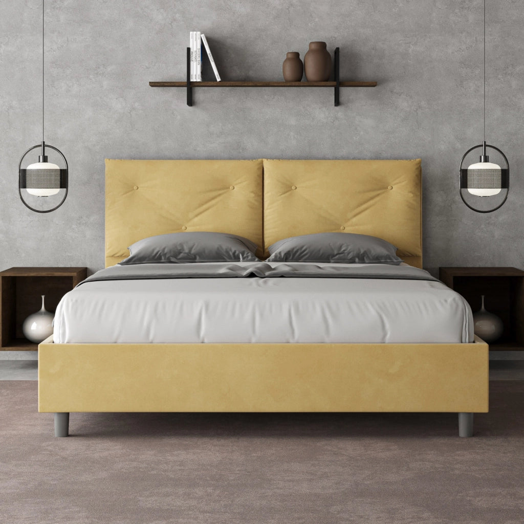 Letto Matrimoniale 160x190 cm con Rete e Contenitore Giroletto con Alzata Comoda Imbottito in Microfibra Appia Ocra