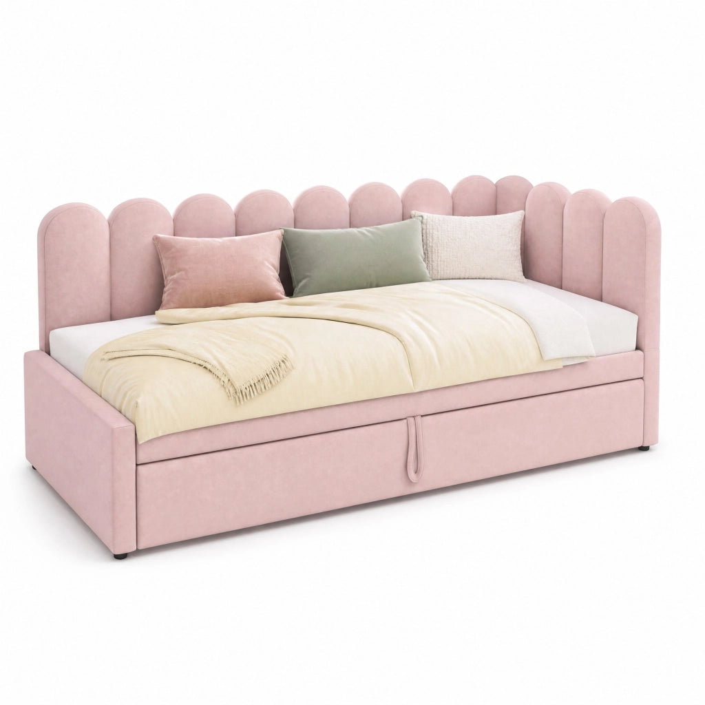Divano letto multifunzione a L 90x200 cm con letto estraibile; in velluto rosa