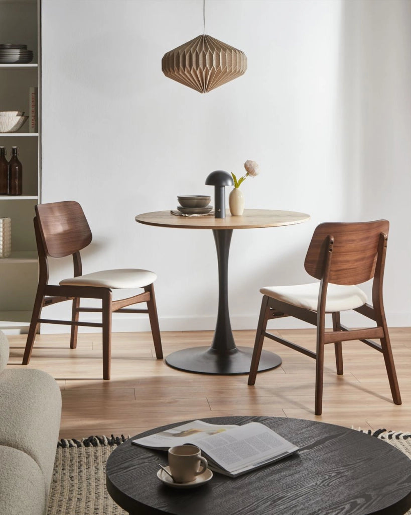 Set di 2 sedie da pranzo in bouclé di poliestere marrone e bianco sporco con gambe in legno di gomma stile retrò tradizionale