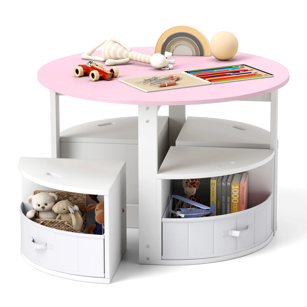 Set tavolo e sedie per bambini a 5 pezzi, Tavolo rotondo con 4 sgabelli e ripiano e 4 cassetti in tessuto Rosa e bianco
