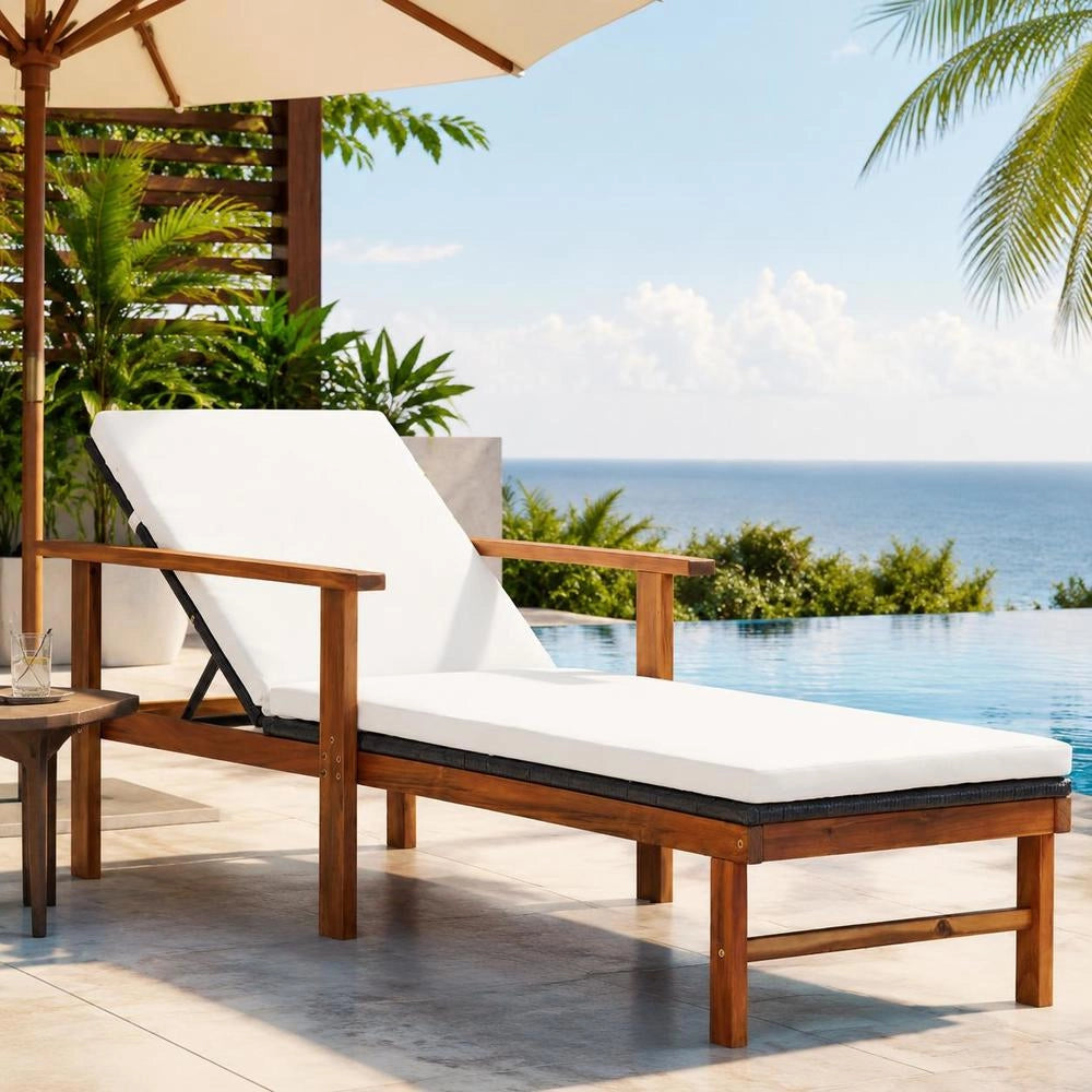 Sun Lounger With Cushion, Poly Rattan, Solid Acacia Wood, Black