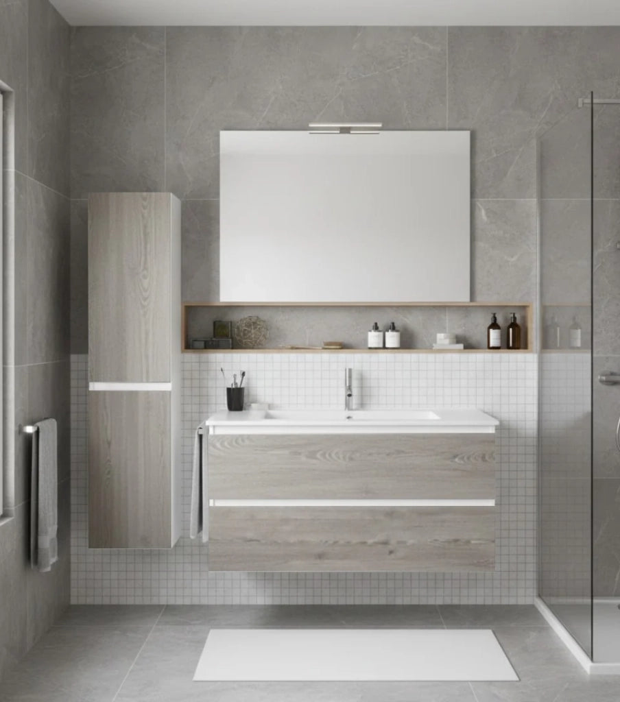 Mobile Bagno LOKI Già Montato 2 cassetti con piedini, lavabo e specchio Combi 120x45 cm 1 lavabo con colonna