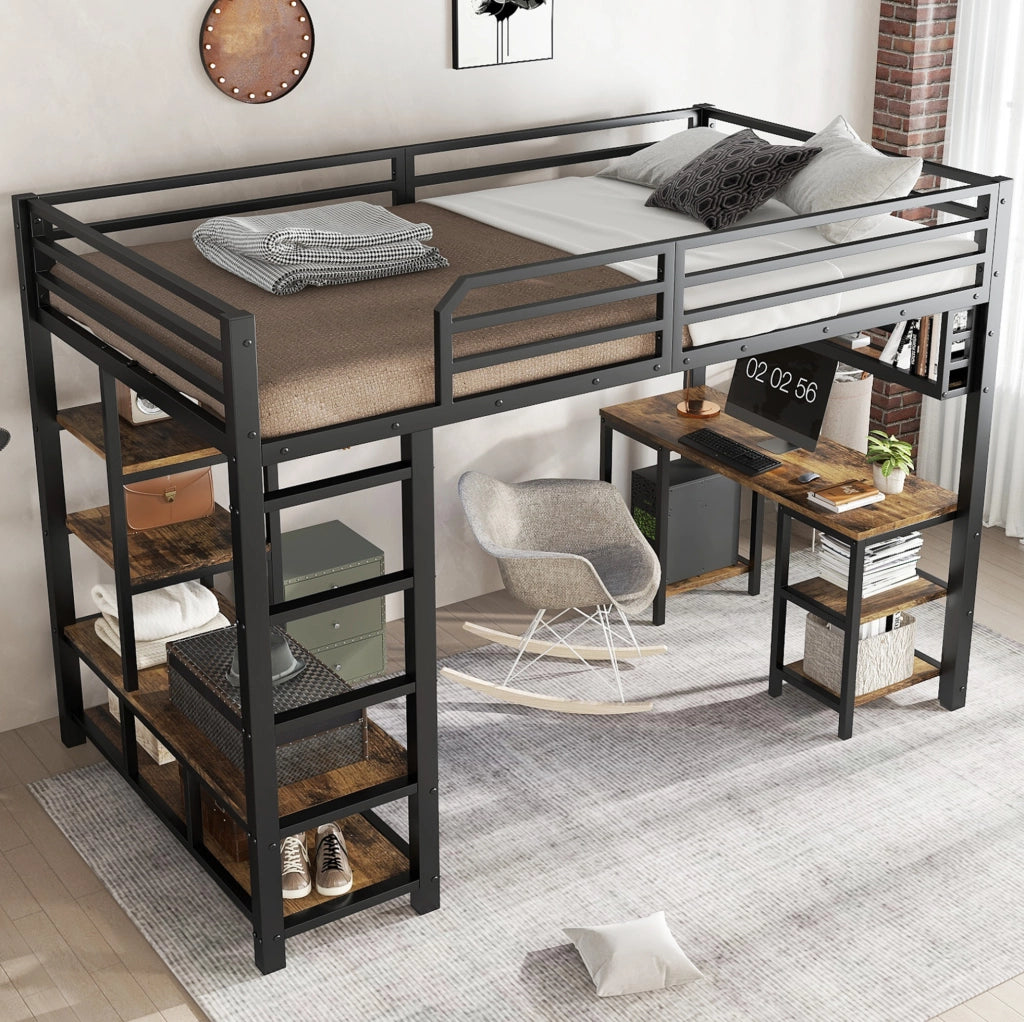 Letto a soppalco 120x200 cm con scrivania e ripiano; metallo e legno; nero e noce scuro