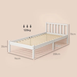 Struttura letto singolo in legno di pino 208 x 96 cm con rete a doghe, finitura bianca, portata 120 kg