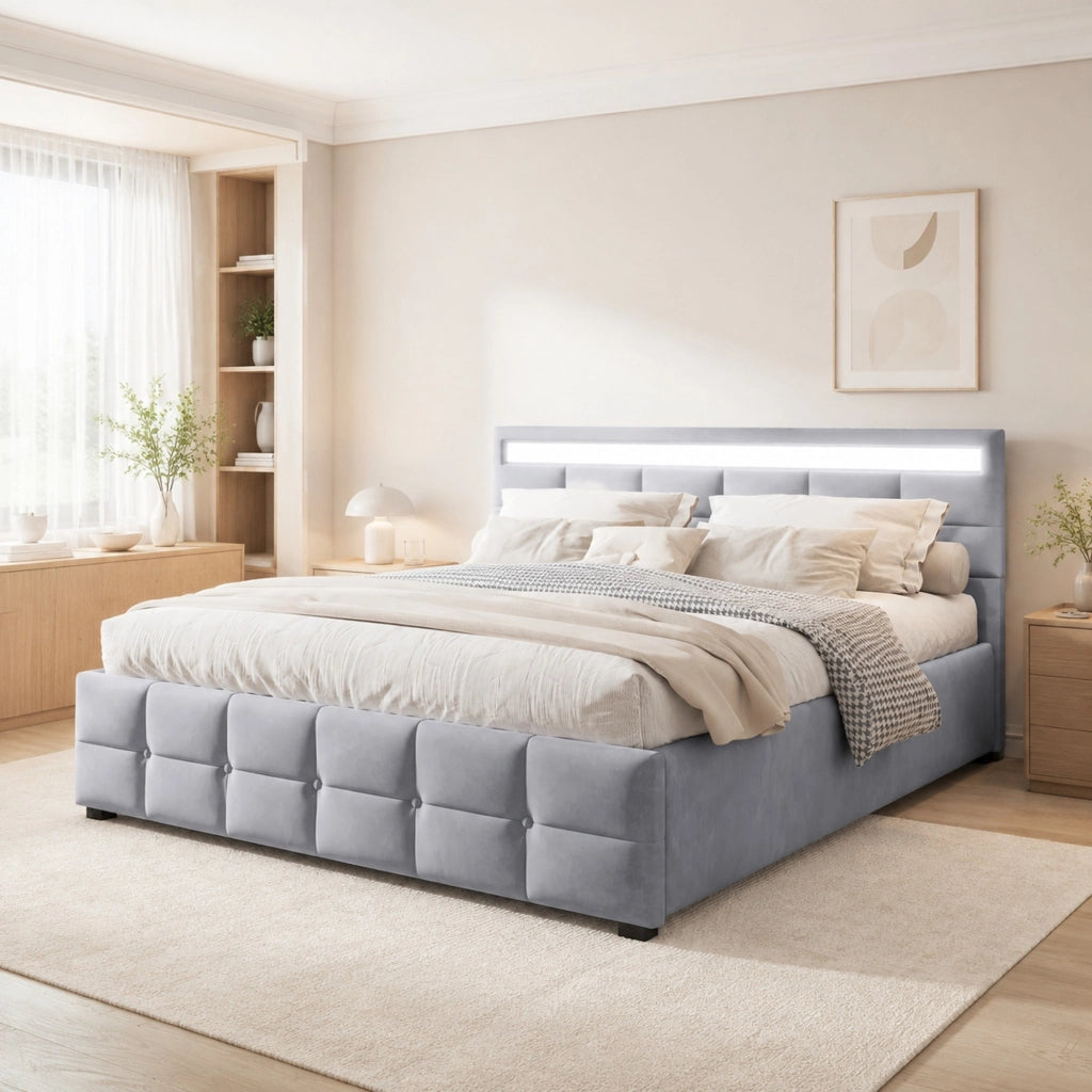 LETTO Imbottito 180x200 cm con LED, Sollevamento Idraulico, Velluto Grigio