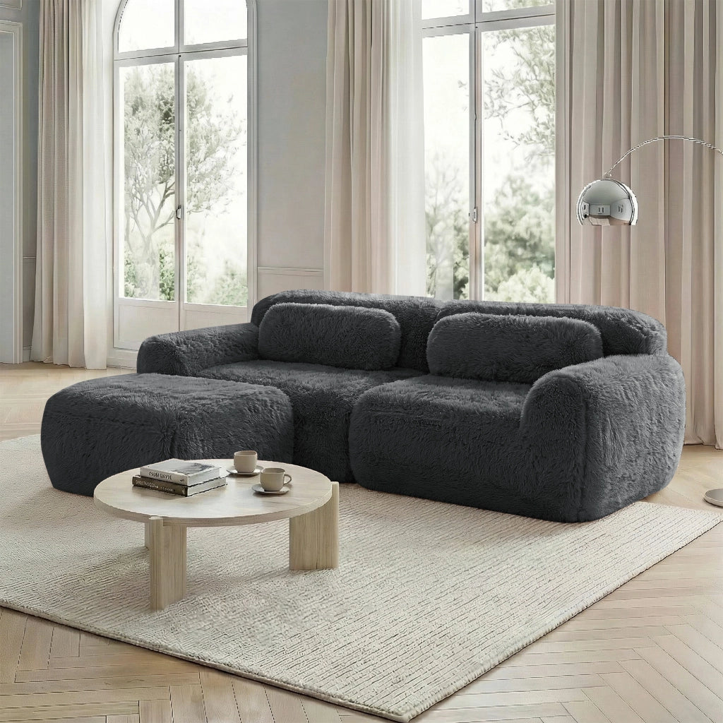 Divano Angolare Modulare 2 Posti con Cuscini, Design Senza Struttura, Base Antiscivolo, in Peluche Grigio